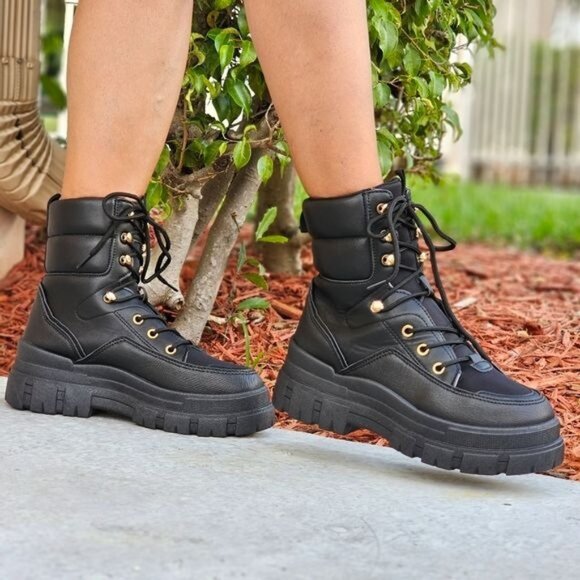 Women's Black Chunky Block High Heel Ankle Combat Booties - Picture 1 of 6